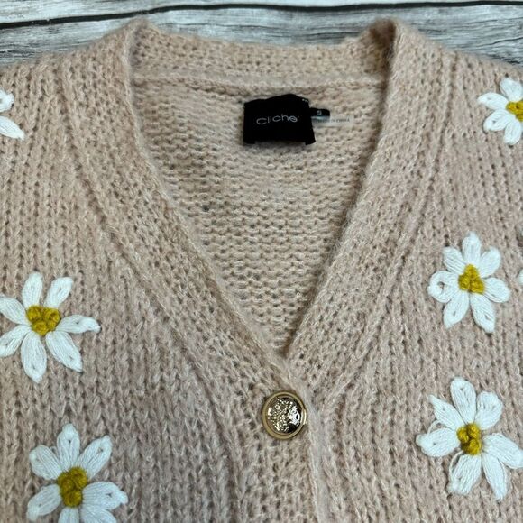 Cliche Floral Embroidered Button Cardigan Wool Blend Peach Small Cozy - Picture 5 of 13